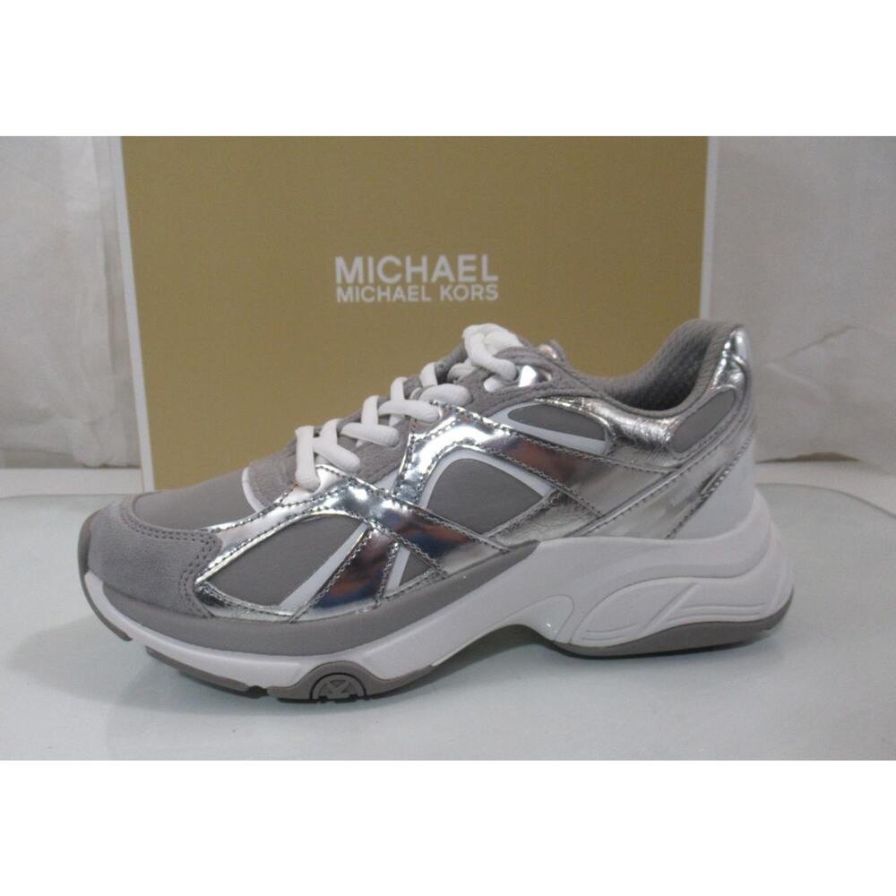 Michael Kors Leo Trainer Lace Up Sneakers MK Signature Silver - Picture 2 of 11